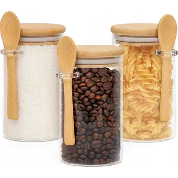 Dóza na potraviny 3x SKLENĚNÉ SKLENICE NA POTRAVINY TĚSTOVINY NÁDOBY NA KOŘENÍ LŽÍCE VÍKO