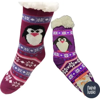 Dámské oblečení Domácí teplé ponožky s kožíškem protiskluzové Tučňák 39-42 fialová