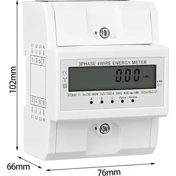 Třífázový elektroměr, podružný měřič spotřeby proudu 100A, montáž na DIN lištu