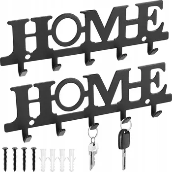 Věšák VĚŠÁK NÁSTĚNNÝ DRŽÁK NA KLÍČE 5 HÁČKŮ ČERNÝ ORGANIZÉR NÁPIS DOMŮ