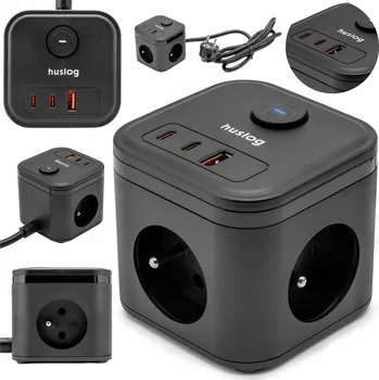 Napájecí kabel PRODLUŽOVACÍ KABEL KOSTKA ZÁSUVKA S 3 USB A 3 ZÁSUVKAMI QC 20W SMART LIŠTA Huslog