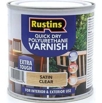 Lak na dřevo Tvrdý polyuretanový lak na dřevo a MDF, bezbarvý, saténový, 250 ml RUSTINS