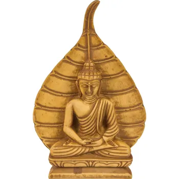 SANU BABU Meditující Buddha s listem stromu Bódhi, okrový, 15cm