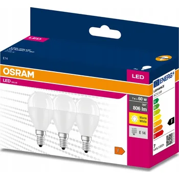 Žárovka 3x LED žárovka E14 P45 7W = 60W 806lm 3000K Teplá bílá 200° OSRAM VALUE