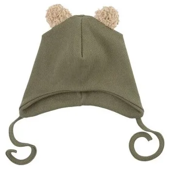 Kojenecká čepice Wooly Organic Čepička Rib s oušky - Tea Leaf/Savannah, vel. 42/44