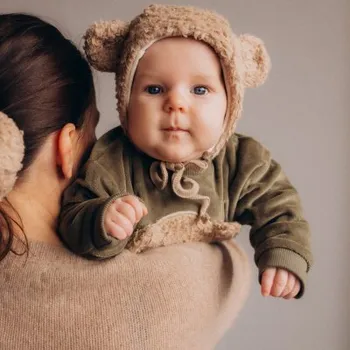 Kojenecká čepice Wooly Organic Plyšová čepička s oušky a merino podšívkou - Savannah, vel.38/40