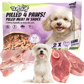 Krmivo pro psa VLHKÉ KRMIVO PRO PSA TUF TUF Trhané kousky omáčky 2x jehněčí maso, 2x králík