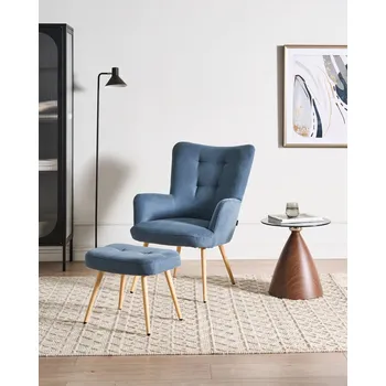 Křeslo Křeslo s opěrkou pro nohy, modré, čalouněné sametové, prošívané ozdobnými knoflíky, nohy ze světlého dřeva Beliani
