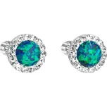 Stříbrné náušnice pecky se syntetickým opálem a křišťály Preciosa zelené kulaté 31317.1 Green s. Opal