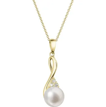 Náhrdelník Zlatý 14 karátový náhrdelník s bílou říční perlou a brilianty 92PB00050