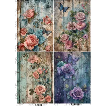 Umělecký papír Rýžový a soft papír na decoupage - Květiny na dřevě - KB3014 Materiál: Soft, Rozměr: A4