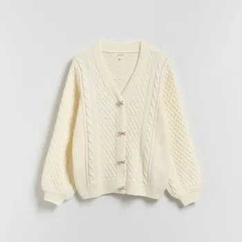 Dámský svetr Reserved - Kardigan s ozdobnými knoflíky - krémová - 374HZ-01X - 374HZ-01X-XL