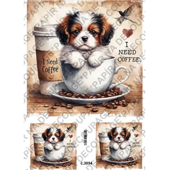Umělecký papír Rýžový a soft papír na decoupage - Pes v hrnku - KB3054 Materiál: Soft, Rozměr: A4