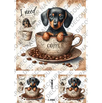 Umělecký papír Rýžový a soft papír na decoupage - Pes v hrnku - KB3060 Materiál: Rýžový papír, Rozměr: A4