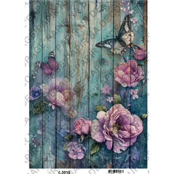 Umělecký papír Rýžový a soft papír na decoupage - Květiny na dřevě - KB3015 Materiál: Soft, Rozměr: A4