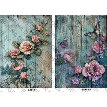 Výtvarný papír Rýžový a soft papír na decoupage - Květiny na dřevě - KB3017 Materiál: Rýžový papír, Rozměr: A4