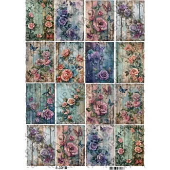 Umělecký papír Rýžový a soft papír na decoupage - Květiny na dřevě - KB3018 Materiál: Soft, Rozměr: A4