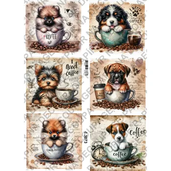 Umělecký papír Rýžový a soft papír na decoupage - Pes v hrnku - KB3073 Materiál: Soft, Rozměr: A4