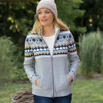 Dámský svetr Svetr na zip se žakárovým vzorem a hebkou podšívkou šedý melír 52