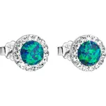 Stříbrné náušnice pecky se syntetickým opálem a křišťály Preciosa zelené kulaté 31217.1 Green s. Opal