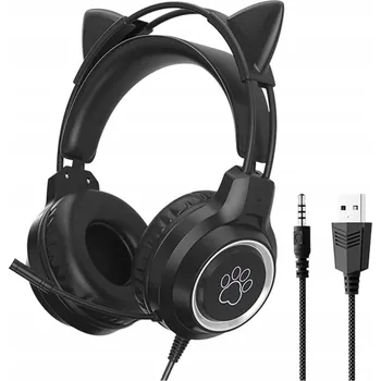 Sluchátka HERNÍ SLUCHÁTKA DRÁTOVÁ MIKROFON LED PC PS5 XBOX KOČIČÍ UŠI ČERNÁ