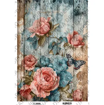 Umělecký papír Rýžový a soft papír na decoupage - Květiny na dřevě - KB3008 Materiál: Soft, Rozměr: A4