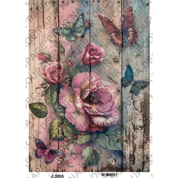 Výtvarný papír Rýžový a soft papír na decoupage - Květiny na dřevě - KB3005 Materiál: Rýžový papír, Rozměr: A4