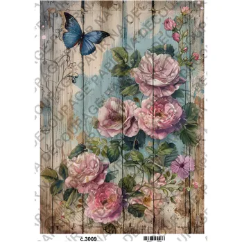 Umělecký papír Rýžový a soft papír na decoupage - Květiny na dřevě - KB3009 Materiál: Soft, Rozměr: A4