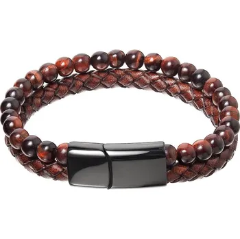 Náramek Pánský náramek s pravými kameny tygří oko a koženkovým zaplétaným páskem 43022.3 hnědý 20.50 cm