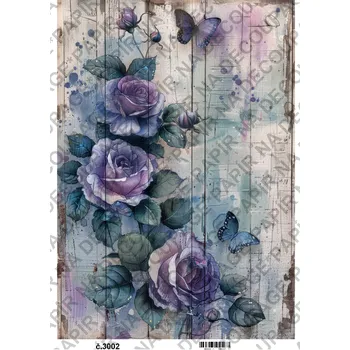 Umělecký papír Rýžový a soft papír na decoupage - Květiny na dřevě - KB3002 Materiál: Soft, Rozměr: A4