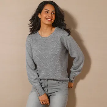 Dámský svetr Pulovr se vzorem a ozdobnými knoflíčky šedý melír 52