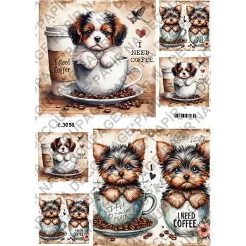 Umělecký papír Rýžový a soft papír na decoupage - Pes v hrnku - KB3056 Materiál: Soft, Rozměr: A4