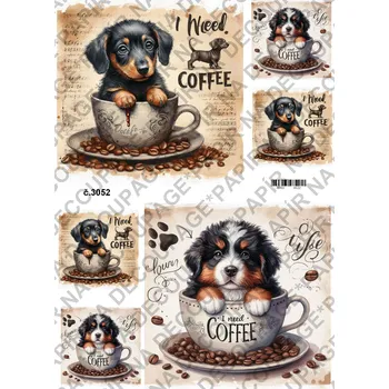 Umělecký papír Rýžový a soft papír na decoupage - Pes v hrnku - KB3052 Materiál: Soft, Rozměr: A4