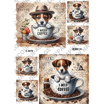 Umělecký papír Rýžový a soft papír na decoupage - Pes v hrnku - KB3078 Materiál: Soft, Rozměr: A4