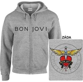 Pánská mikina Bon Jovi - mikina s kapucí a zipem šedá