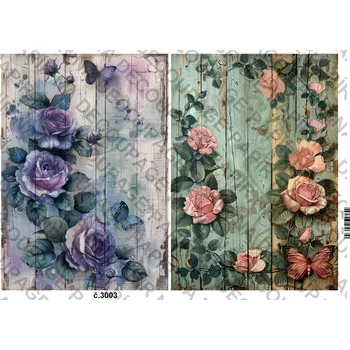 Umělecký papír Rýžový a soft papír na decoupage - Květiny na dřevě - KB3003 Materiál: Soft, Rozměr: A4