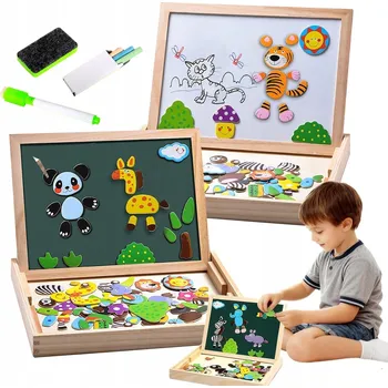 Dřevěná hračka DŘEVĚNÁ MAGNETICKÁ TABULE POPISOVATELNÁ ZA SUCHA KREATIVNÍ SKLÁDAČKA