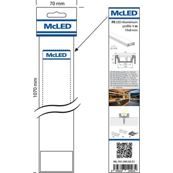 Stavební profil McLED ML-761.095.02.S1 Přisazený hliníkový profil PE 1m včetně mléčného difuzoru, 2x koncovka, 2x příchytk