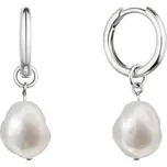 Stříbrné náušnice kruhy s visací bílou říční perlou baroko 21106.1