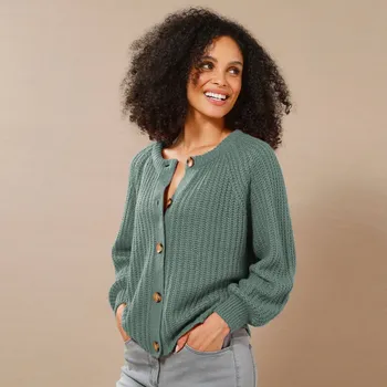 Dámský svetr Svetr na knoflíky, s hladkým vzorem zelený melír 46/48