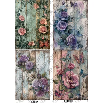 Umělecký papír Rýžový a soft papír na decoupage - Květiny na dřevě - KB3007 Materiál: Soft, Rozměr: A4