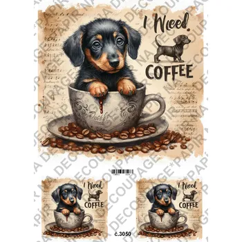 Umělecký papír Rýžový a soft papír na decoupage - Pes v hrnku - KB3050 Materiál: Soft, Rozměr: A4