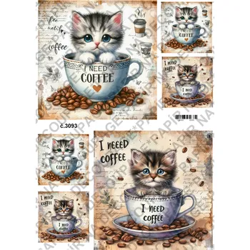 Umělecký papír Rýžový a soft papír na decoupage - Kotě v hrnku - KB3093 Materiál: Soft, Rozměr: A4