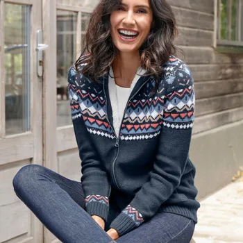 Dámský svetr Svetr na zip se žakárovým vzorem a hebkou podšívkou nám.modrá 46/48