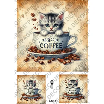 Umělecký papír Rýžový a soft papír na decoupage - Kotě v hrnku - KB3089 Materiál: Soft, Rozměr: A4