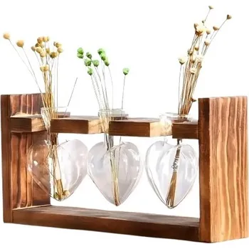 Váza Skleněná váza s dřevěným rámem, Srdcovitý tvar pro hydroponii - 3 vázy