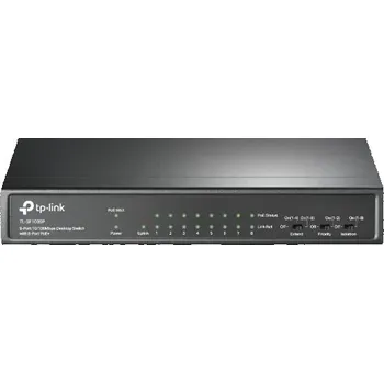 Switch TP-LINK 9-Port 10/100 Mbps Desktop Switch with 8-Port PoE+ PORT: 8× 10/100 Mbps PoE+ Ports, 1× 10/100 Mbps Non-PoE Ports SPEC: 8 TL-SF1009P