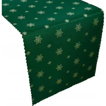 ubrus Vánoční běhoun na stůl, odolný proti skvrnám, zimní motiv sněhu, zelená a zlatá barva, 40x160 cm