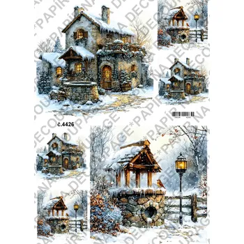 Umělecký papír Rýžový a soft papír na decoupage - Studna v zimě - KB4426 Materiál: Rýžový papír, Rozměr: A4