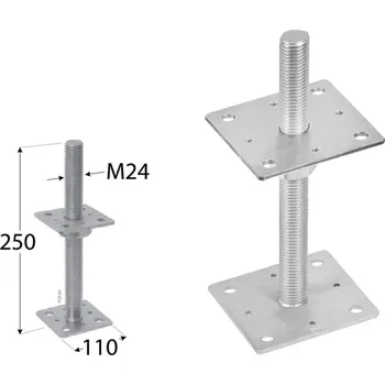 Tesařské kování DOMAX PSR šroubovací patka sloupku nastavitelná závitová Galvanický zinek stříbrný (ZNG) PSR 100 M24 - 100 x 250 x M24 x 4 mm (8 ks)